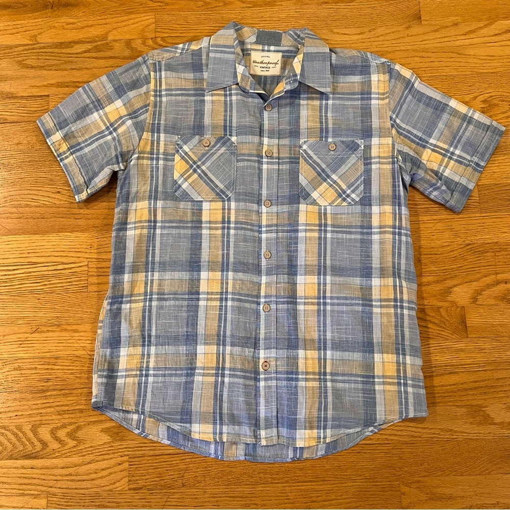 Weatherproof Vintage 100% Cotton Button Up Short Sleeves Blue Plaid Men's Large